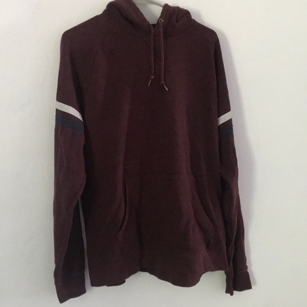 Burgundy hoodie with gray and navy